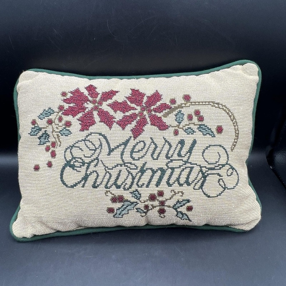 Vintage Merry Christmas Needlepoint Tapestry Throw Pillow Decor Holiday 12x9